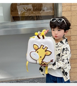 Close-up of cute 3D giraffe egg-shell backpack with durable EVA material for kids