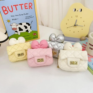 Kids Mini Crossbody Bag PU Leather Quilted Bowknot Decoration Metal Chain Turn Lock Sweet Princess Style For Girls
