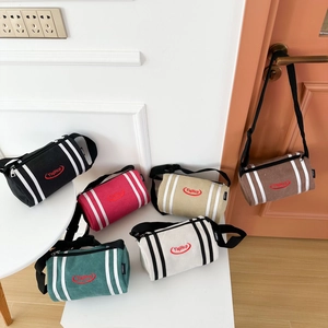 Kids Cylinder Shoulder Bag Canvas Striped Crossbody Casual Fashion For Boys Girls With Adjustable Strap