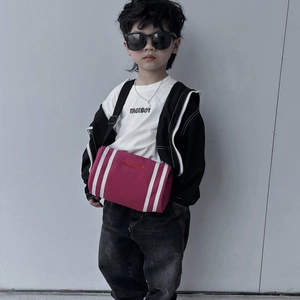 Cool rose red bucket crossbody bag with white stripes for kids in street style