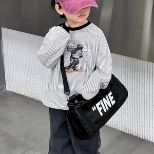 Kids black cylinder canvas crossbody bag with white letter print for outdoor activities