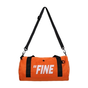Orange cylindrical kids canvas bag with white FINE letter print and adjustable shoulder strap