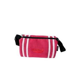 Kids rose pink canvas cylinder crossbody bag with white stripes and adjustable strap
