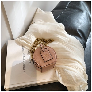 Close-up of pink litchi leather mini round bag with gold chain on a book background