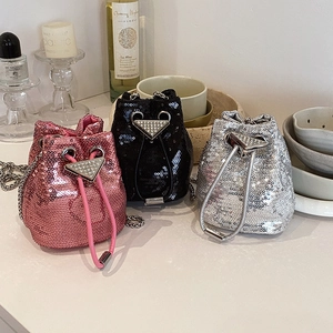 Mini Sac Seau À Paillettes Pour Filles Mode Cuir PU Cordon De Serrage Bandoulière Chaîne Sac À Épaule