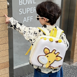 3D cartoon giraffe hard shell backpack for kids with cute yellow pom-poms on top