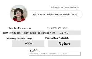Detailed size chart for kids nylon crossbody bag showing 29cm width and 13cm height