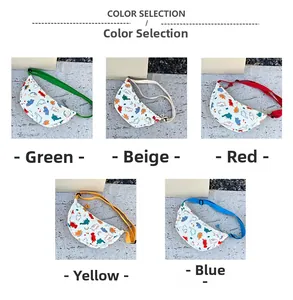 Collage of five colorful dinosaur print nylon waist bags with adjustable straps