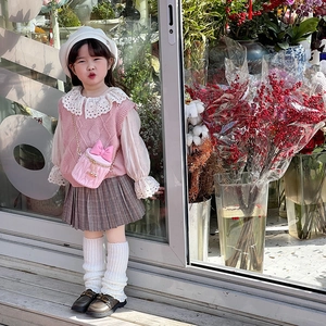 Sac seau à nœud pour fille avec gilet en maille et jupe plissée, style académique