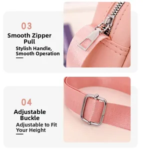Détail du sac rose pour enfant avec fermeture éclair en métal et sangle réglable