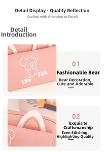 Détail du sac rose pour enfant avec motif d'ours, oreilles de chat et couture fine
