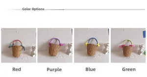 Detail display of mini woven straw bags with colorful ribbon handles and bows for girls