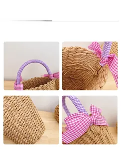 Detail view of handmade straw woven basket with purple gingham handles and bow