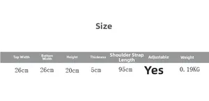 Detailed size chart for kids floral crossbody bag showing dimensions and adjustable strap