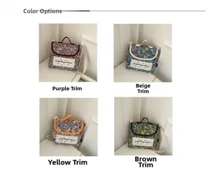 Detail display of four floral canvas bags in purple, beige, yellow, and brown finishes