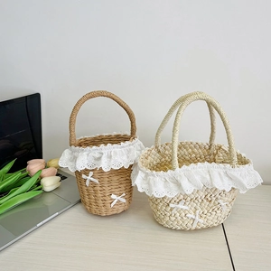 Sac À Main En Paille Pour Enfants Bordure En Dentelle Nœud Tissé À La Main Style Pastoral Pour Filles