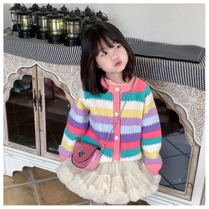 Kids colorful striped knit cardigan paired with a pink sequin heart crossbody bag