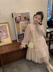 Detailansicht weißes Mesh-Mädchenkleid mit Rüschen und Mini-Perlen-Eimertasche