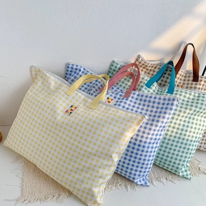 Sac Cabas Enfant Toile Coton Motif Quadrillé Grande Capacité Sac À Main Bandoulière Avec Fermeture Éclair Écusson Lettre