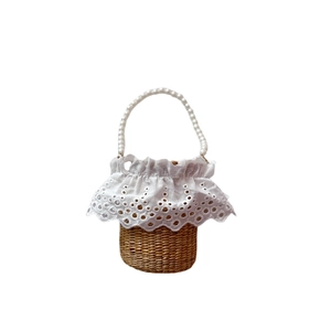 Kids woven straw bucket bag with sweet lace trim and elegant pearl top handle