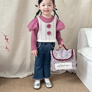 Kids vintage floral handbag with girls crochet vest and denim wide leg pants outfit