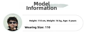 Size guide with model info for kids' sunglasses showing 110cm height and 16kg weight fit