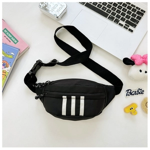 Detail of a black sports waist bag featuring three white stripes and adjustable nylon strap