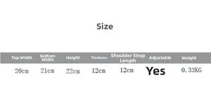 Size chart for canvas kids shoulder bag showing dimensions 22x21x12cm and weight 0.33kg