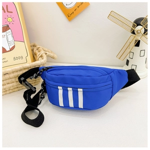 Detail of blue nylon waist bag for kids featuring white vertical stripes and buckle