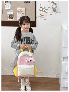 Pink and cream kids backpack with a cute cat-shaped coin purse and yellow side pocket