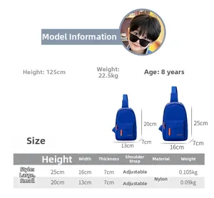 Size chart for kids nylon chest bags showing large and small dimensions and model info