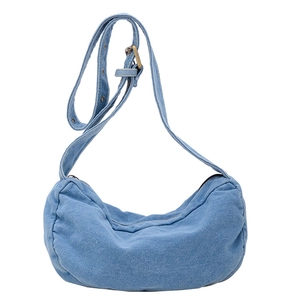Minimalist light blue denim crescent tote bag for kids with adjustable eyelet strap