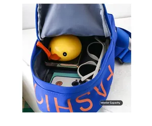 Internal view of blue nylon kids chest bag showing capacity for phone and sunglasses