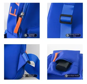 Detailed views of adjustable fabric straps and orange zipper pulls on the navy blue bag