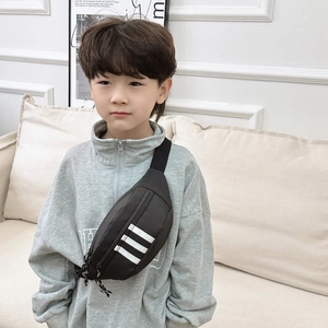 Kids black crossbody chest bag with white diagonal stripes and adjustable strap