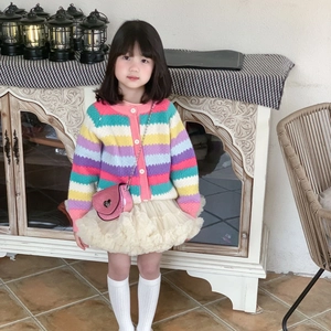 Girl's colorful striped knit cardigan with heart glitter bag and lace tutu skirt
