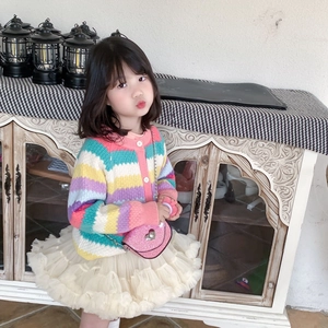 Girl rainbow striped cardigan with tiered tutu skirt and pink glitter heart bag