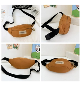 Vues détaillées sous quatre angles du sac banane en toile marron pour enfant TONGHUO