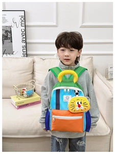 Close-up of lightweight colorful patchwork backpack for kids with cute lion pendant