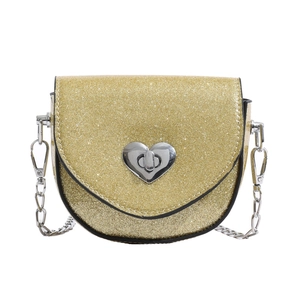 Sparkly gold sequins kids crossbody bag with silver heart-shaped twist lock and chain strap