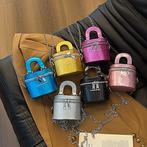 Mini Sac Seau À Paillettes Pour Enfants Filles Mode Sac À Main Cylindre Étincelant Avec Bandoulière Chaîne Cuir PU