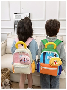 Detail of color-block kids backpacks with cute 3D animal charms and wide straps