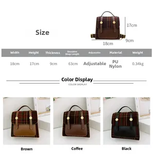 Detailed size chart for vintage plaid children's backpack with dimensions and colors