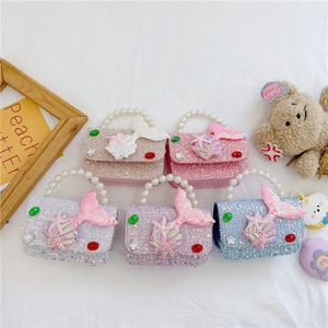 Girls Mermaid Sequin Crossbody Bag With Faux Artificial Pearl Handle Shell Starfish Decor Chain Strap Cute Princess Fashion Kids