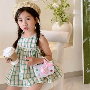 Girls plaid dress with sequin mermaid pearl handbag and straw beret hat outfit