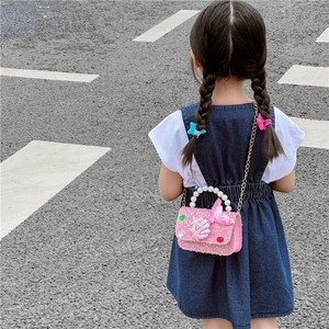 Sparkly pink mermaid sequins kids crossbody bag with pearl handle and shell charms