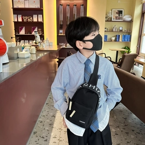 Fashionable black nylon kids chest bag with white letters and adjustable strap