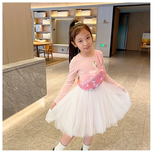 Robe rose à manches longues cygne pour fille avec sac de poitrine assorti en nylon