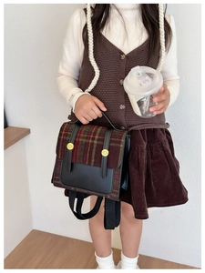 British style mini plaid backpack for kids with gold buckles and faux leather detail