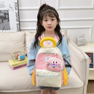Kids color-block backpack with cartoon bunny pendant and comfortable padded straps